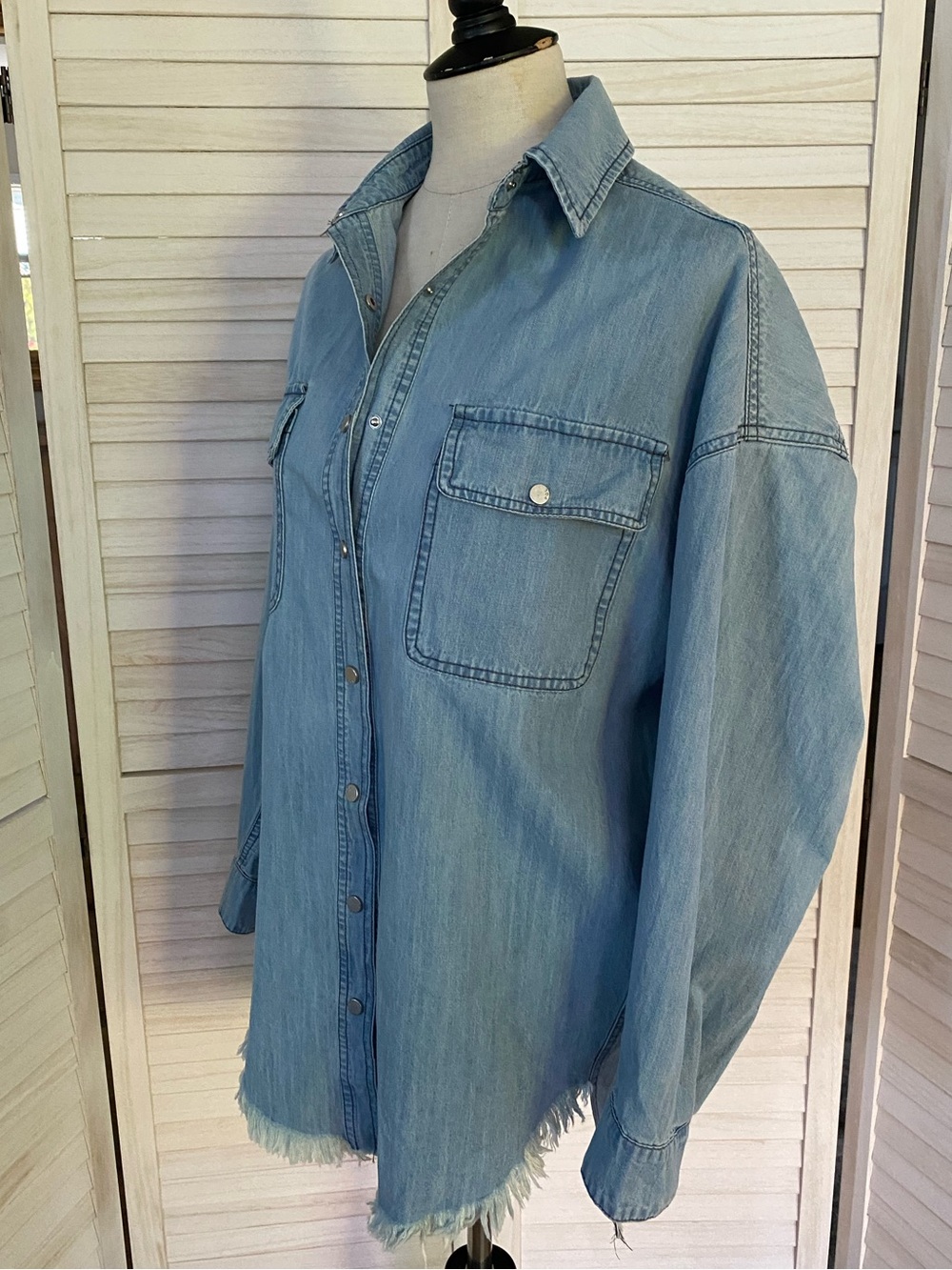 POL Blue Denim Button-Down Shirt/Shacket with Back Plaid Patch SZ S - Picture 11 of 14